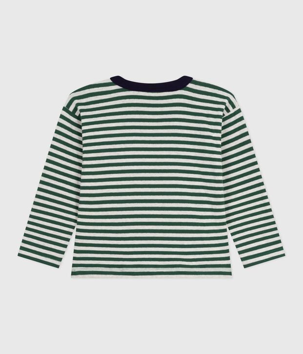 Children's long-sleeved stripy cotton T-shirt green/beige/green