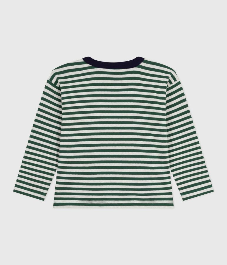 Children's long-sleeved stripy cotton T-shirt green/beige/green