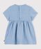 Short-sleeved chambray baby dress embroidered with hearts blue