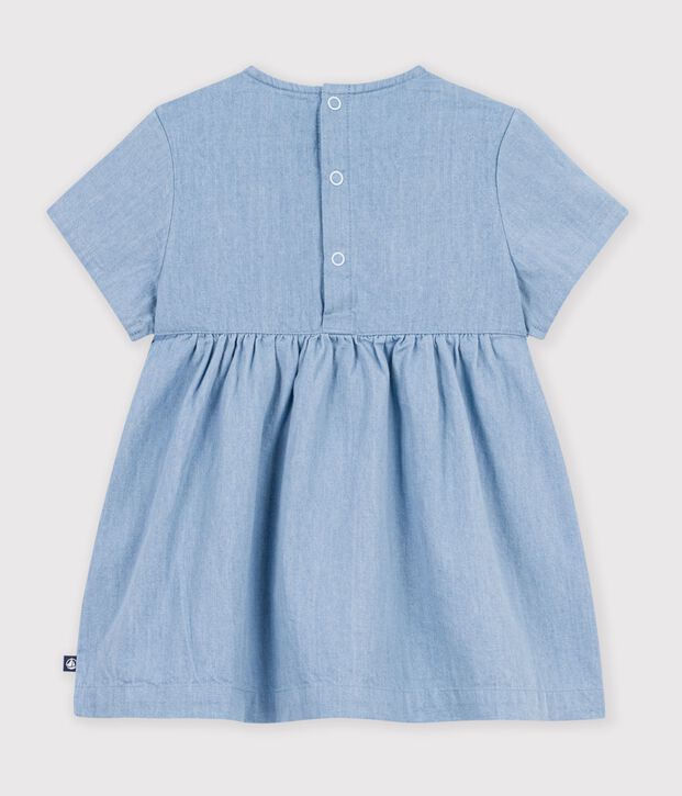 Short-sleeved chambray baby dress embroidered with hearts blue