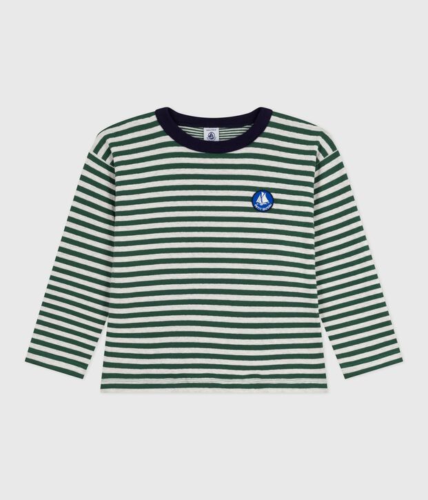 Children's long-sleeved stripy cotton T-shirt green/beige/green