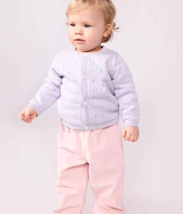 Babies' plain knitted cotton cardigan purple