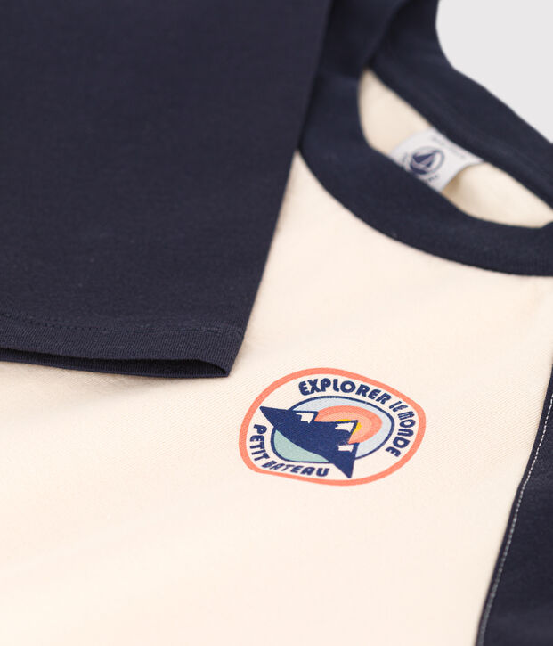 Boys' long-sleeved cotton T-shirt Ecru/blue