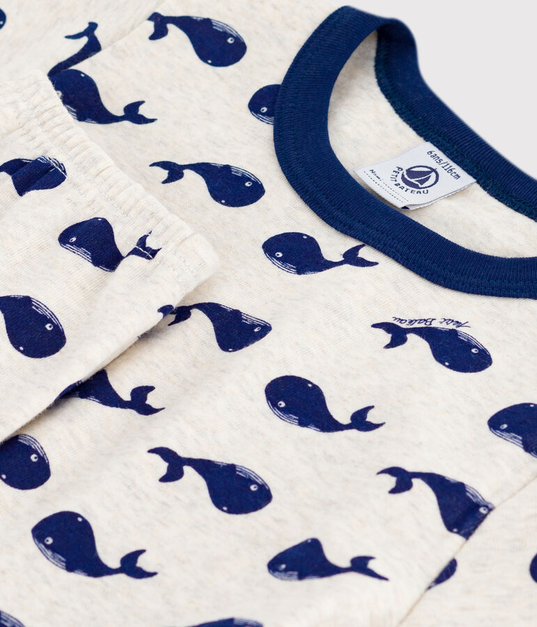 Children's printed cotton pyjamas with short sleeves and long legs beige/blue