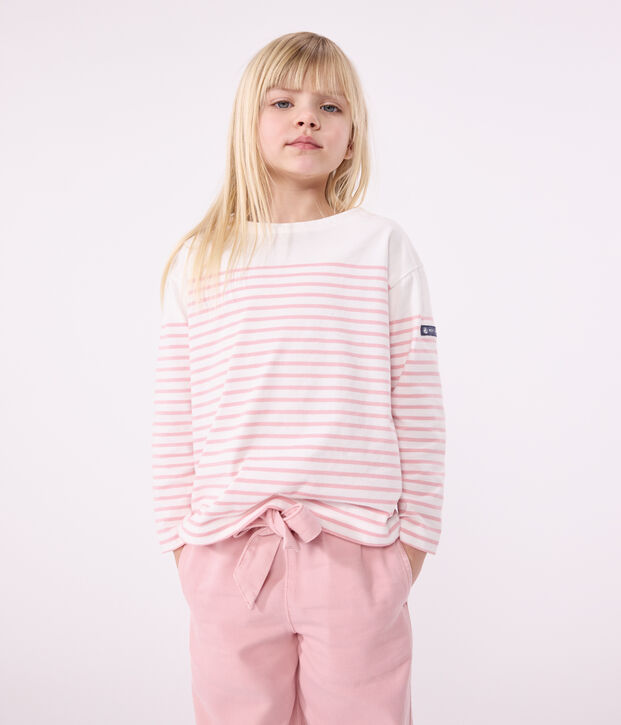 Children's long-sleeved cotton Breton T-shirt white/pink
