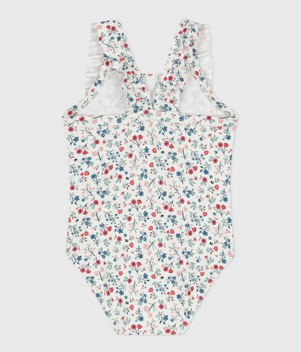 Babies' one-piece swimsuit with frills and a floral print. white/multicolor