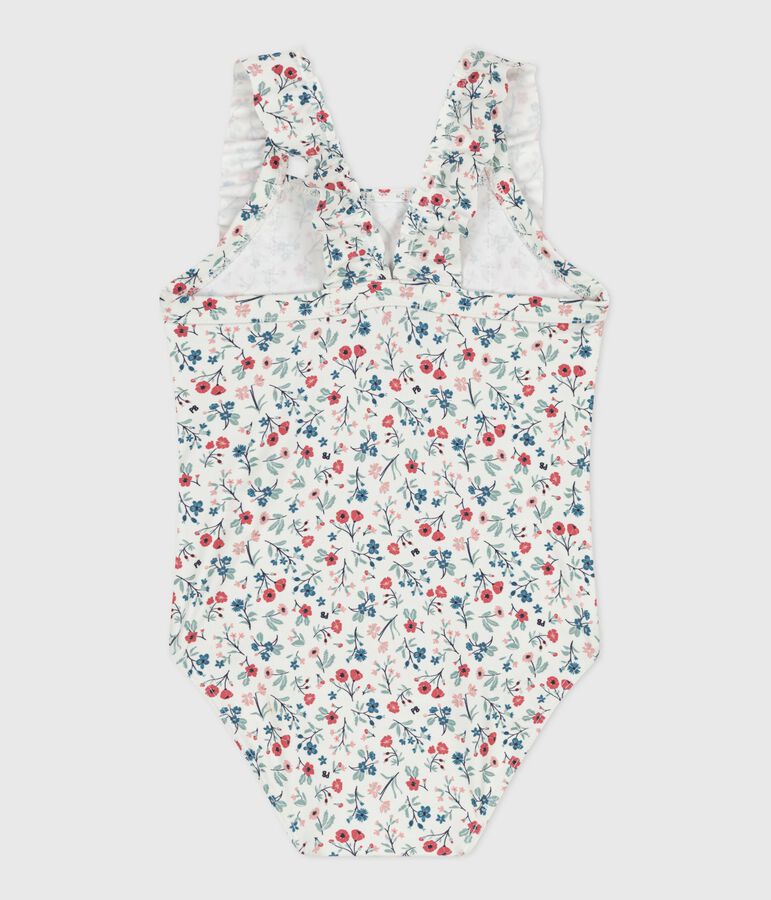 Babies' one-piece swimsuit with frills and a floral print. MARSHMALLOW white/MULTICO white