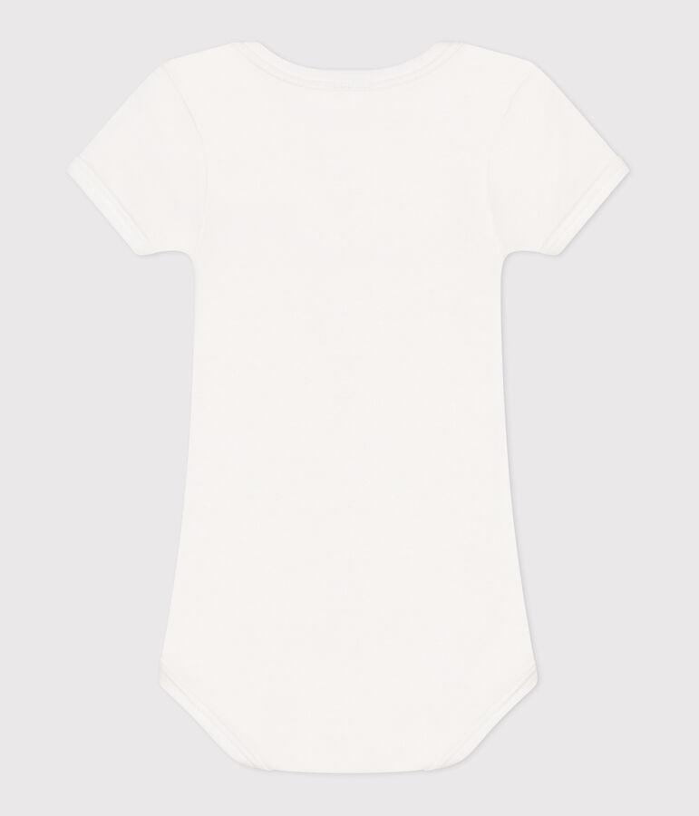 Babies' short-sleeved plain cotton body MARSHMALLOW white