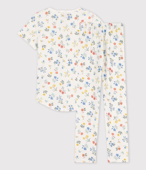Girls' Short-Sleeved Floral Cotton Pyjamas MARSHMALLOW white/MULTICO white