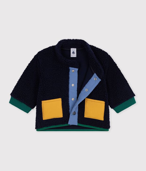 Babies' plain padded sherpa coat with a hood blue/multicolor