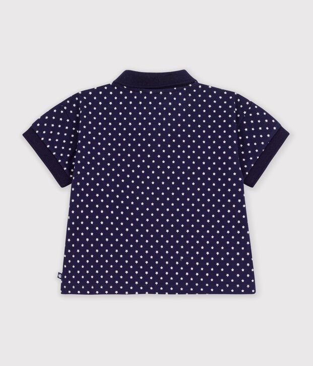 Babies' short-sleeved cotton polo shirt printed with boats blue/white