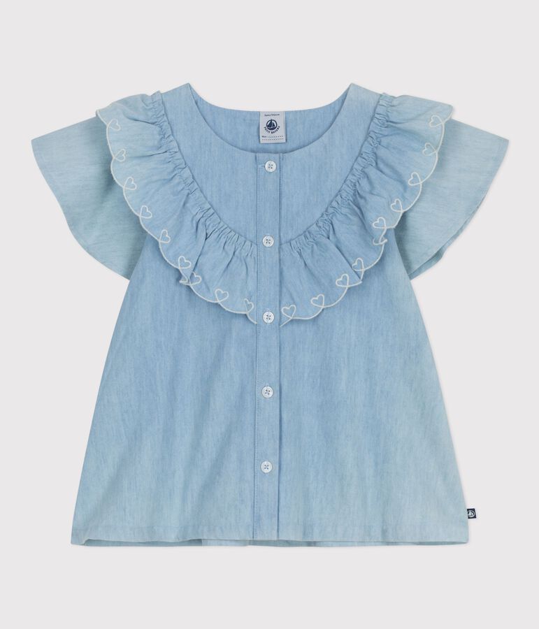 Children's plain short-sleeved cotton blouse BLEU CLAIR blue