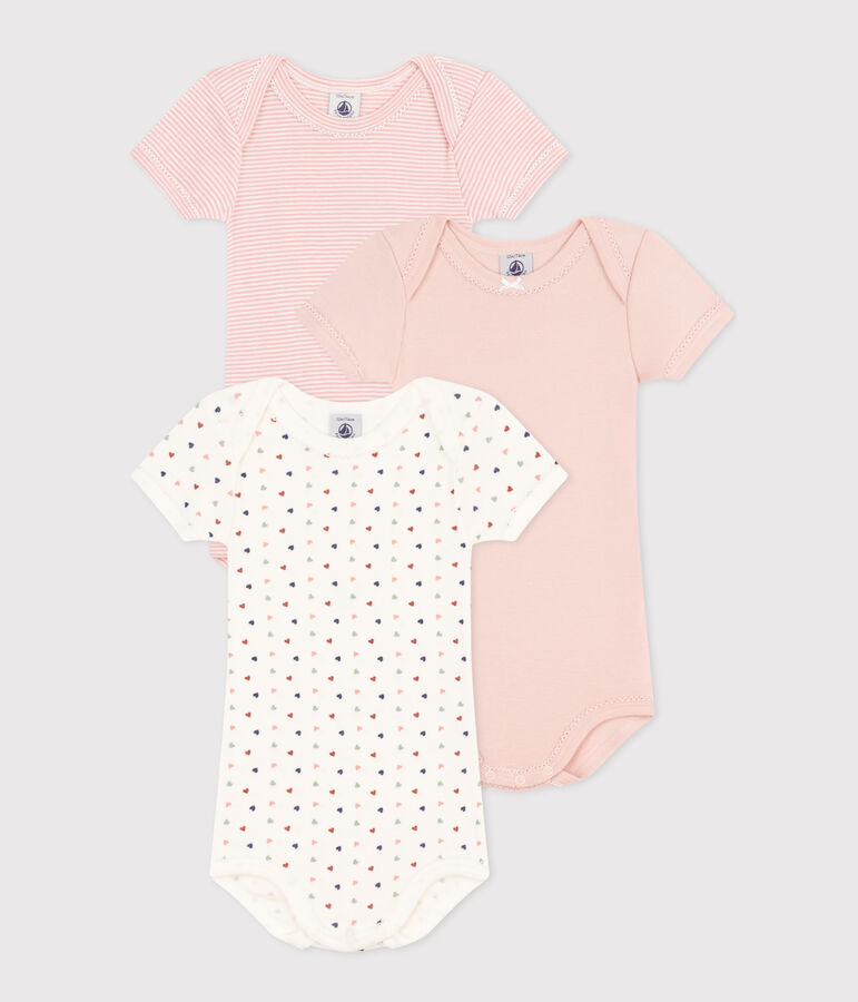Babies' Mini-Heart Patterned Short-Sleeved Cotton Bodysuits - 3-Pack multicolor