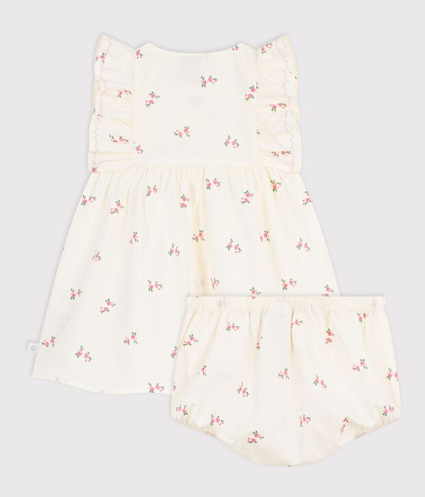 Babies' cotton baby dress with bloomers, printed with flowers Ecru/multicolor