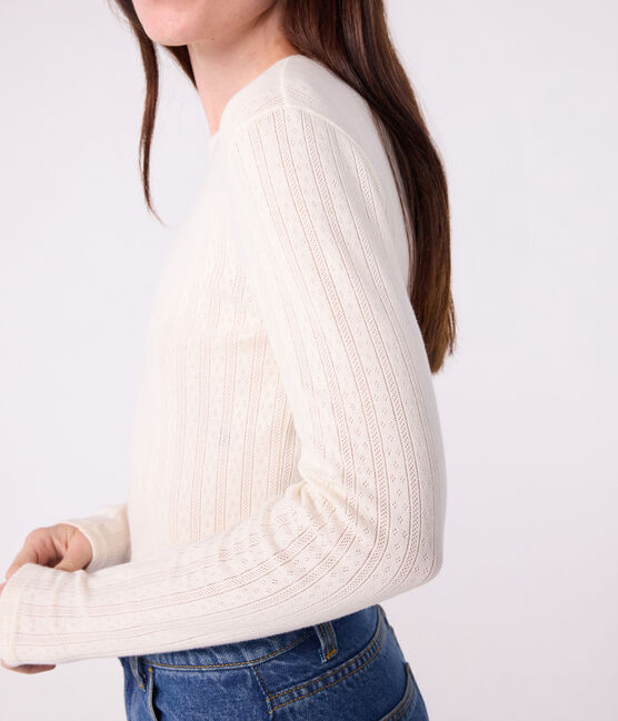 Women's Iconic long-sleeved openwork cotton T-shirt MILK Ecru