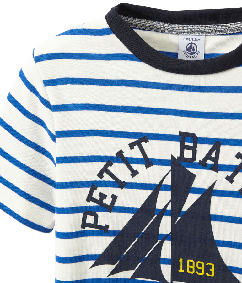 Boy's striped screen print T-shirt MARSHMALLOW white/PERSE blue