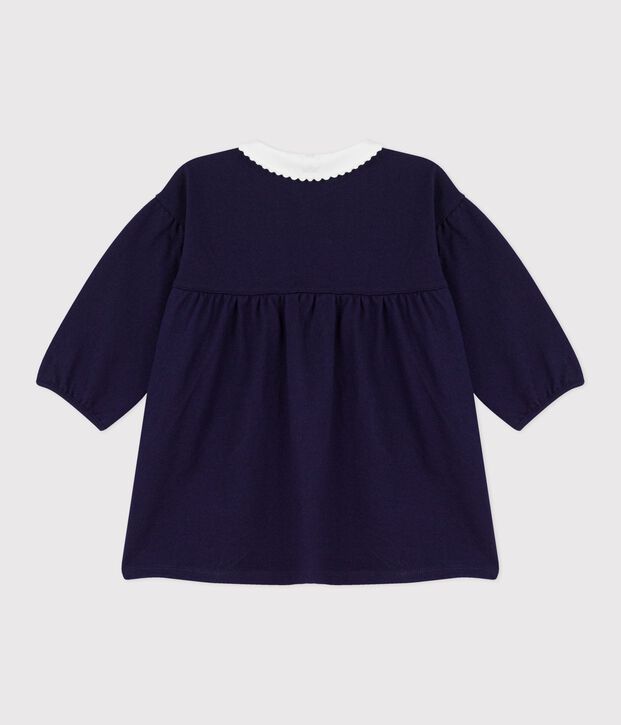Plain long-sleeved cotton baby dress with collar and embroidered details SOIR