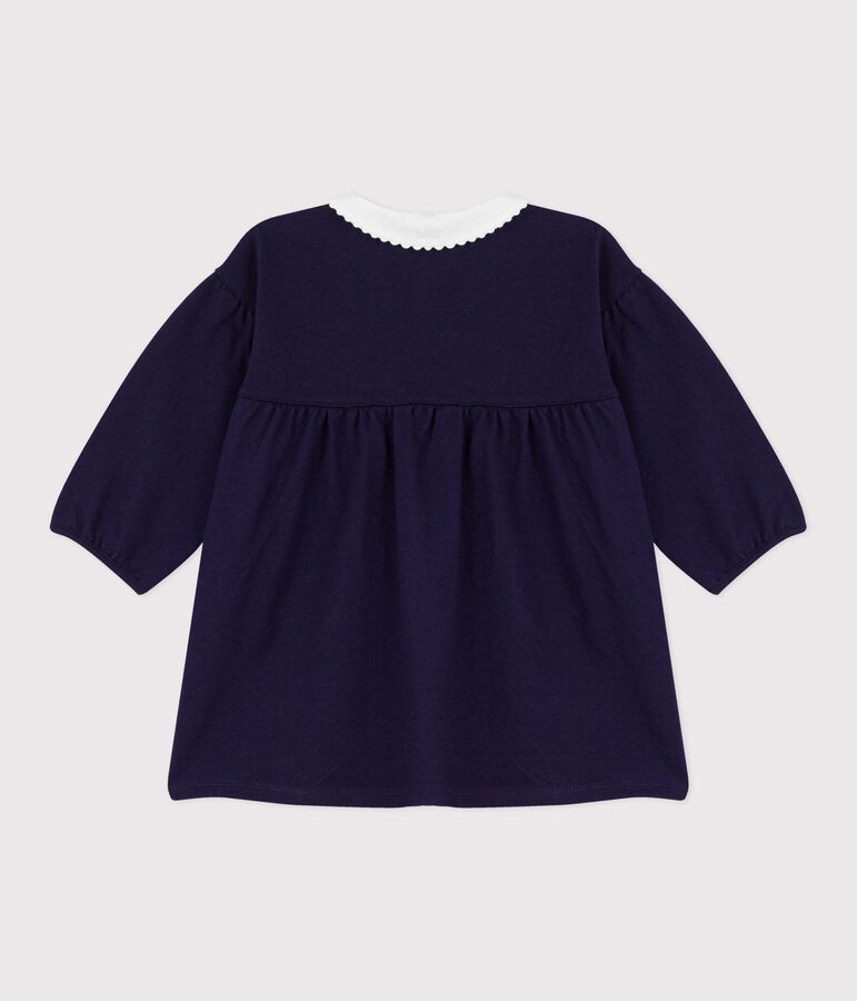 Plain long-sleeved cotton baby dress with collar and embroidered details blue