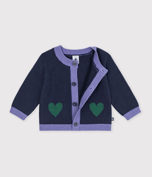 Babies' jaquard heart pattern cardigan knitted in wool and cotton blue/multicolor