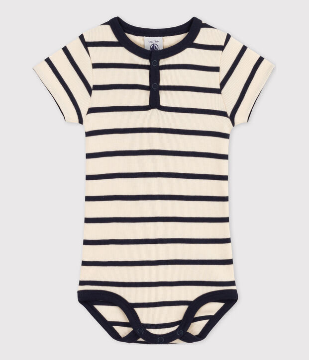 Babies' Striped Ribbed Short-Sleeved Bodysuit Ecru/blue