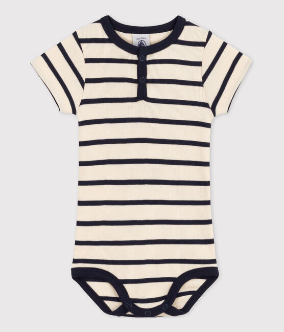 Babies' Striped Ribbed Short-Sleeved Bodysuit AVALANCHE white/SMOKING blue