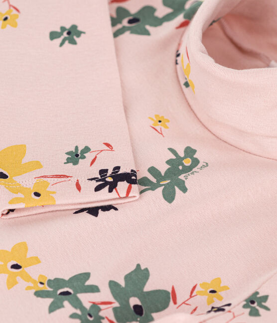 Girls' Floral Print Cotton Polo Neck SALINE pink/MULTICO white