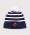 Babies' stripy knitted beanie with a fleece lining blue/ecru