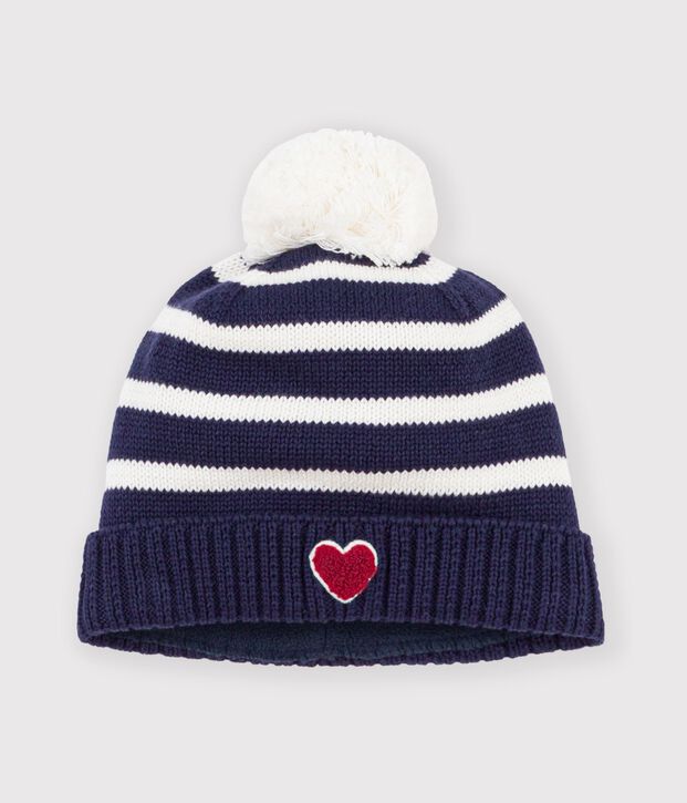 Babies' stripy knitted beanie with a fleece lining blue/ecru