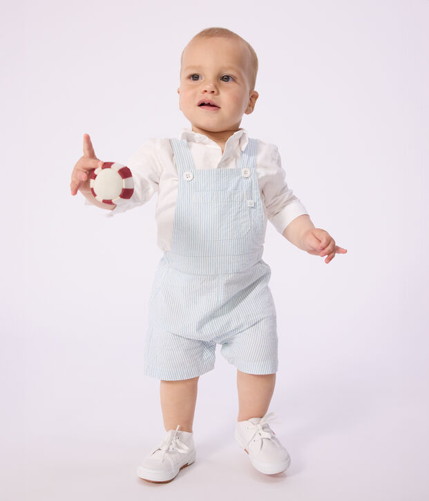 Babies' short-legged stripy cotton dungarees blue/blue