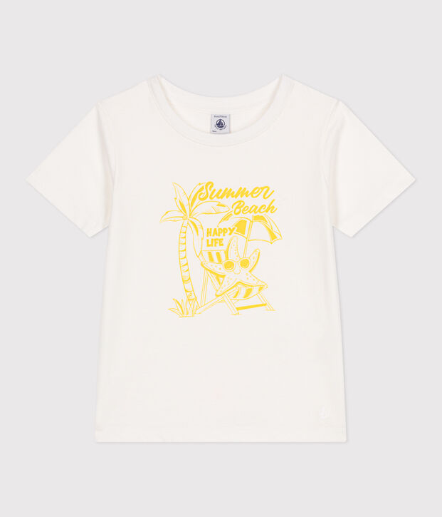 Children's short-sleeved printed cotton T-shirt white/yellow