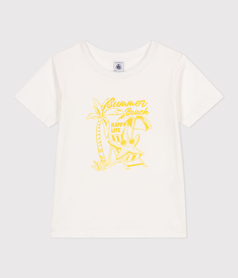 Children's short-sleeved printed cotton T-shirt white/yellow