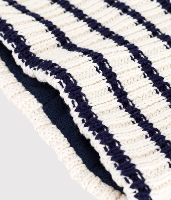 Children's stripy fleece-lined knitted snood MARSHMALLOW blue/SOIR