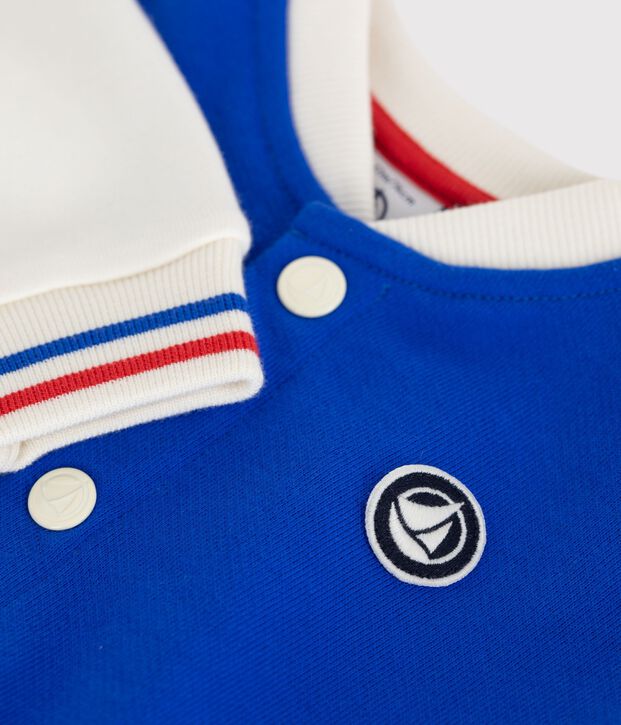 Babies' varsity-style jacket in colourblock cotton blue/ecru