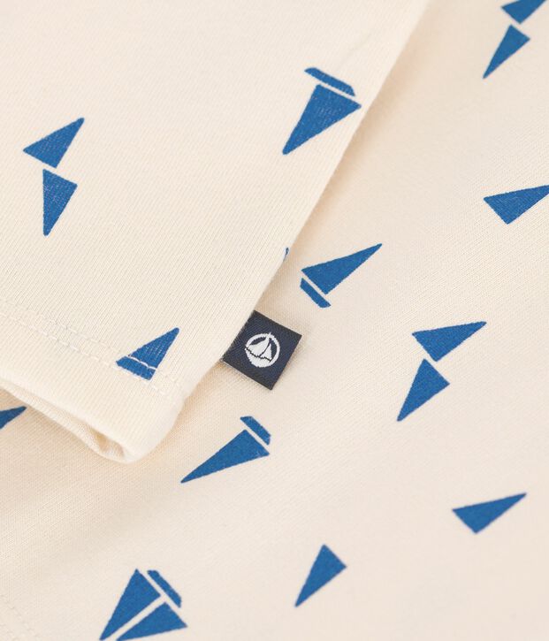 Babies' short-sleeved cotton polo shirt printed with little boats Ecru/blue