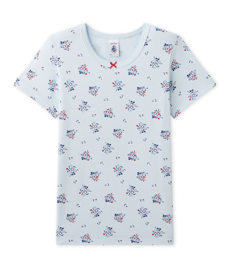 Girl's printed T-shirt in stretch jersey FRAICHEUR blue/MULTICO white