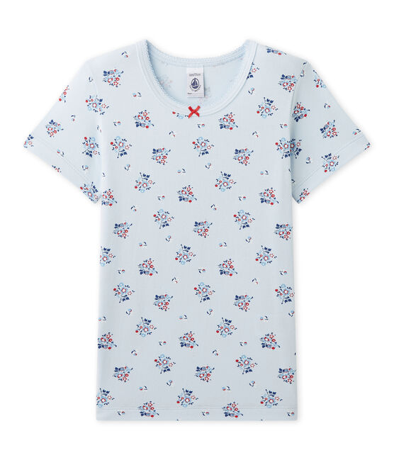 Girl's printed T-shirt in stretch jersey FRAICHEUR blue/MULTICO white