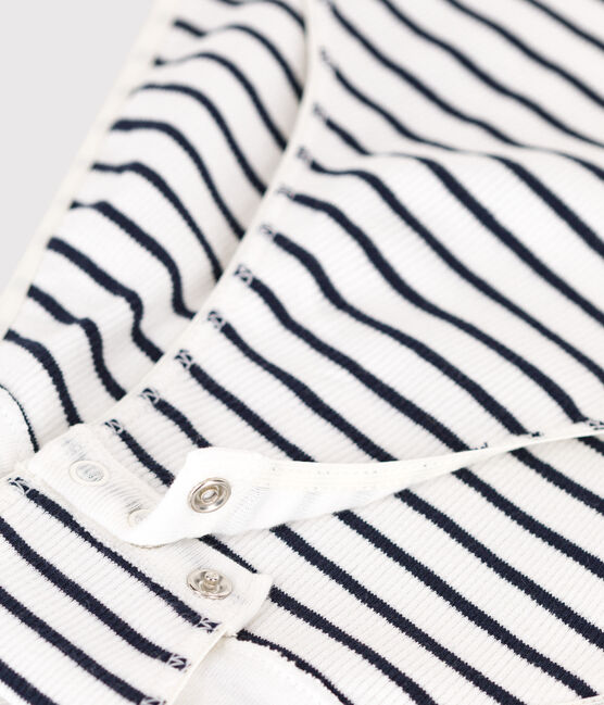 Women's short-sleeved stripy body in cotton and elastane MARSHMALLOW white/SMOKING blue