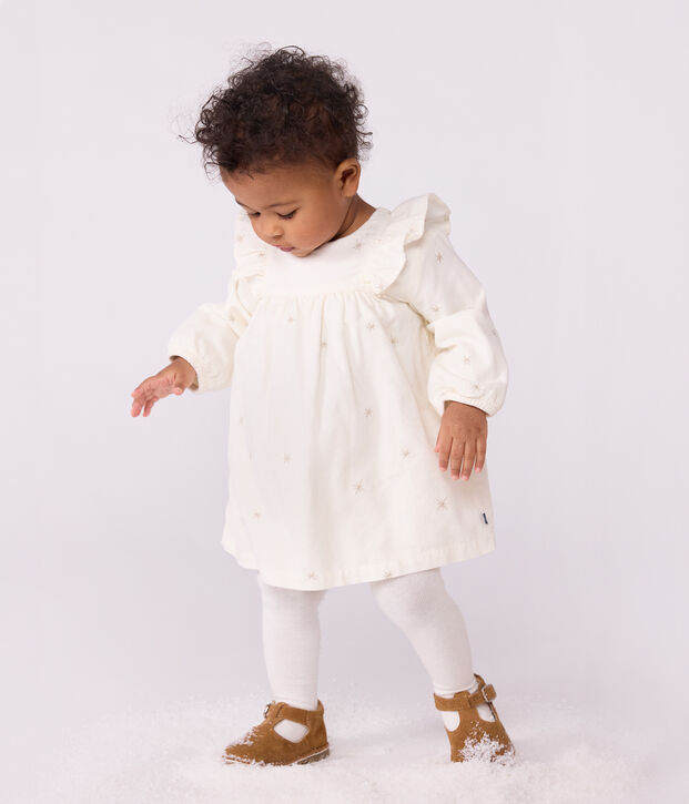 Babies' long-sleeved embroidered corduroy dress Ecru/grey