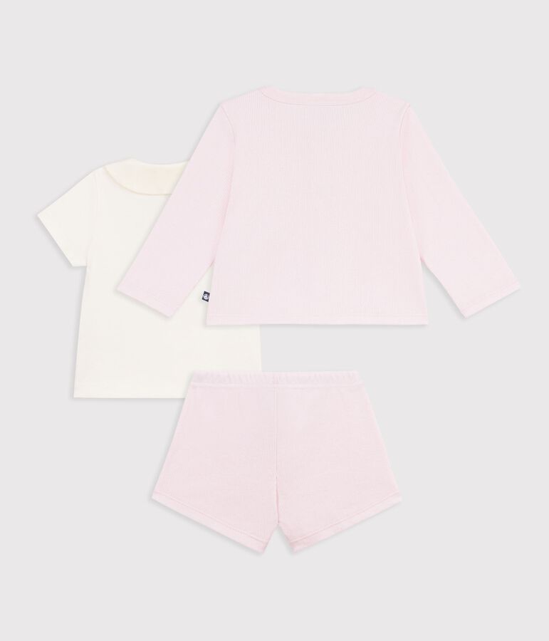 Babies' three-piece set in cotton with embroidery on the collar pink