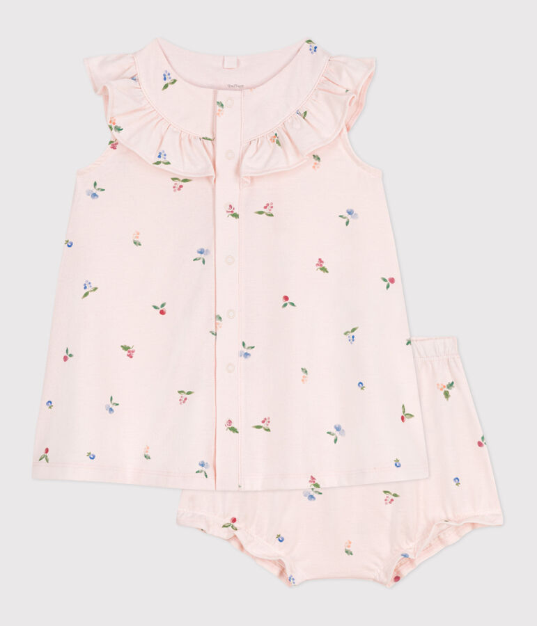 Babies' short-sleeved fruit print cotton dress and bloomers pink/multicolor