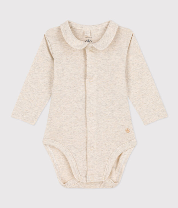 Babies' Long-Sleeved Cotton Bodysuit With Collar beige
