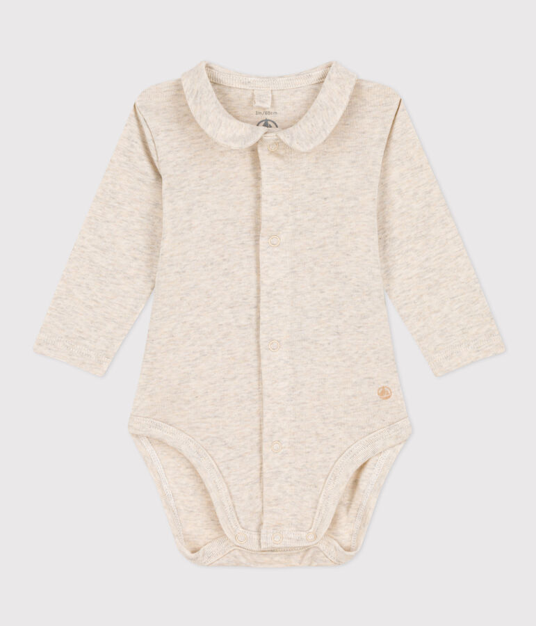 Babies' Long-Sleeved Cotton Bodysuit With Collar beige