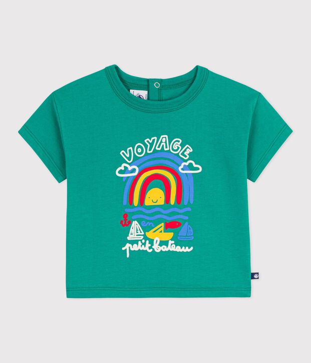 Babies' short-sleeved cotton T-shirt with a seagull motif green