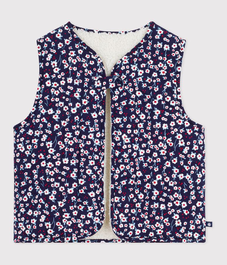 Children's sleeveless cardigan in printed cotton poplin and sherpa blue/multicolor