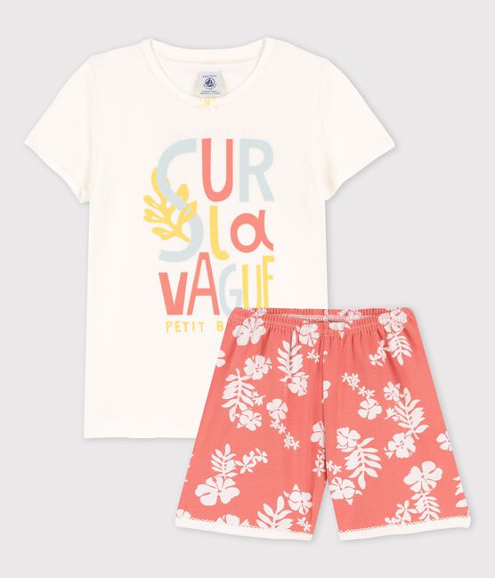 Girls' Pink Hawaiian Cotton Short Pyjamas MARSHMALLOW white/PAPAYE