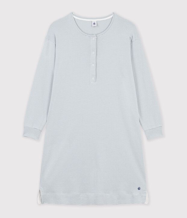 Women's nightdress in stripy cotton with a grandad neckline grey/white