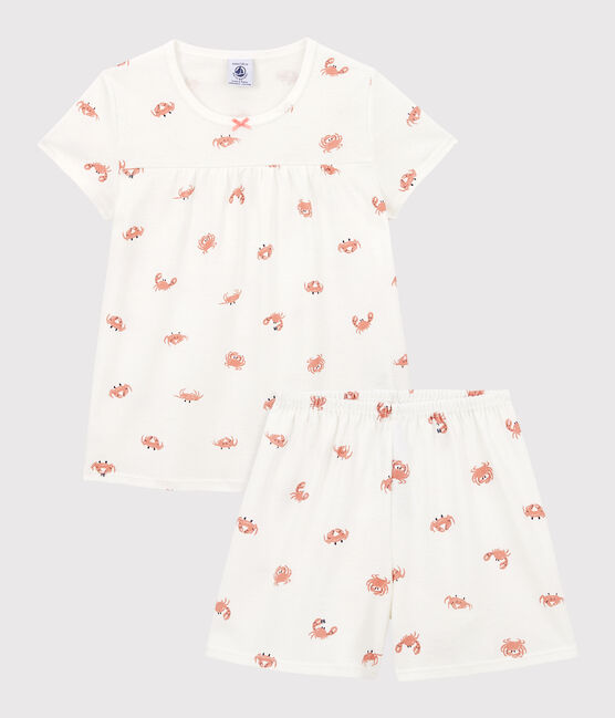 Girls' Crab Themed Cotton Short Pyjamas MARSHMALLOW white/MULTICO white