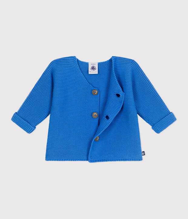 Babies' moss stitch cotton cardigan blue