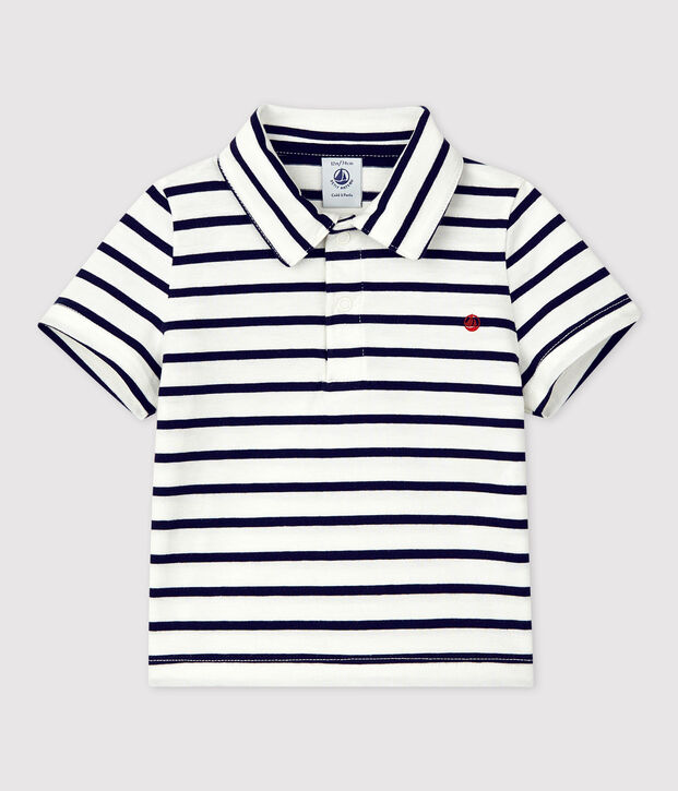 Babies' Short-Sleeved Striped Jersey Polo Shirt white/blue