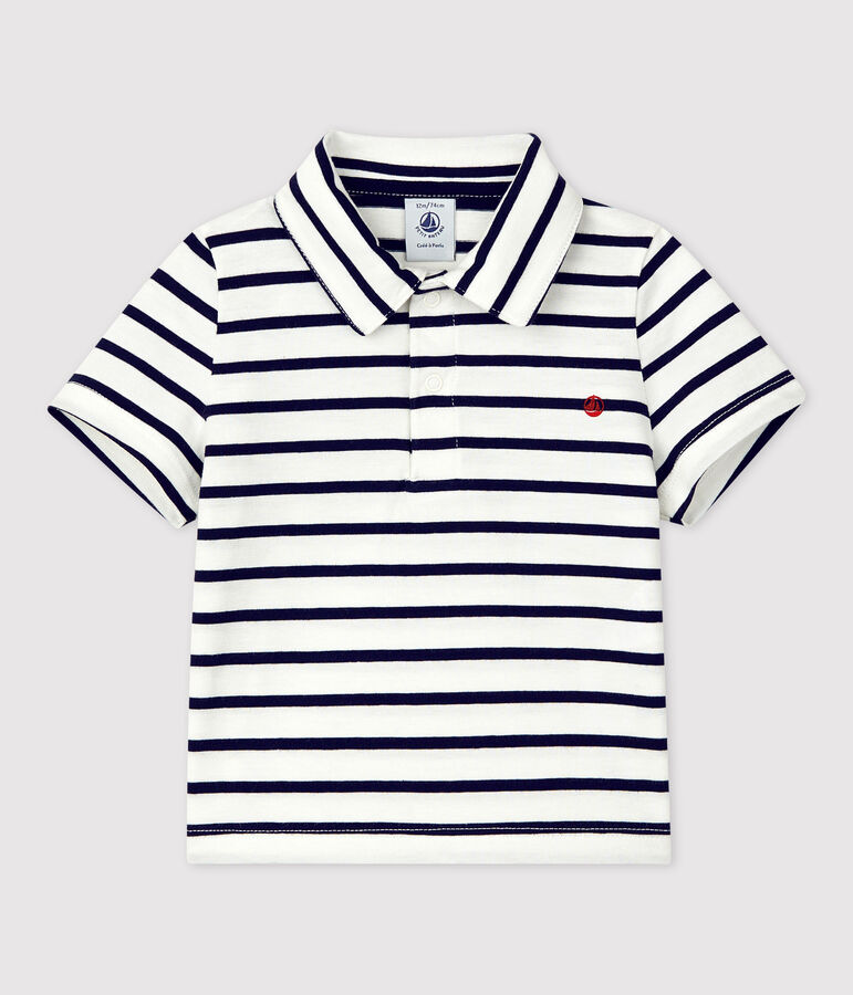 Babies' Short-Sleeved Striped Jersey Polo Shirt white/blue
